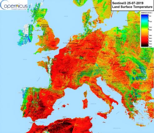 Land surface temperature over Europe, 25 July 2019, measured by the Copernicus Sentinel3 satellite. Graphic: ESA