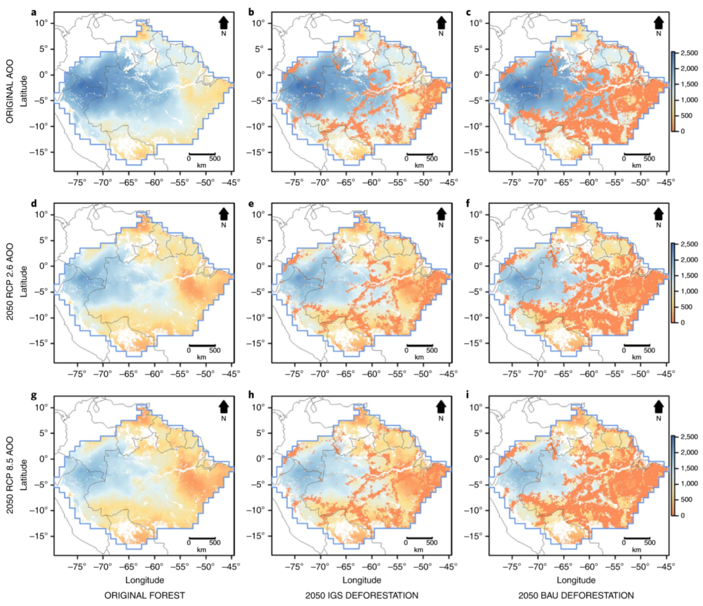 Map showing Amazonian species richness (number of species per grid cell) affected by global change and deforestation. (a) Original AOO only. (b) Original AOO and 2050 IGS53,54. (c) Original AOO and 2050 BAU53,54. (d) 2050 RCP 2.6 AOO only. (e) 2050 RCP 2.6 AOO combined with 2050 IGS deforestation. (f) 2050 RCP 2.6 AOO combined with 2050 BAU deforestation, (g) 2050 RCP 8.5 AOO only. (h) 2050 RCP 8.5 AOO combined with 2050 IGS deforestation. (i) 2050 RCP 8.5 AOO combined with 2050 BAU deforestation. Colour scale indicates decrease in AOO from blue (forested area) to red (loss in AOO). Graphic: Gomes, et al., 2019 / Nature Climate Change