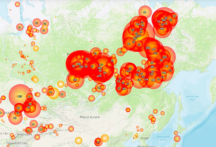 Map showing wildfires burning across Siberia, 14 August 2019. Graphic; The Siberian Times