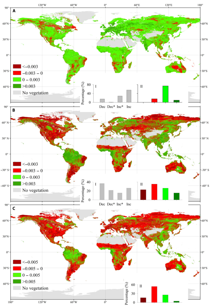 Comparison of normalized difference vegetation index (NDVI) trends over the globally vegetated areas between two periods of 1982–1998 and 1999–2015. (A) NDVI trend of 1982–1998. (B) NDVI trend of 1999–2015. (C) Differences of NDVI trend between 1999–2015 and 1982–1998. The insets (I) show the relative frequency (percent) distribution of significant decreases (Dec*; P < 0.05), decreases (Dec), increases (Inc), and significant increases (Inc*), and the insets (II) show the frequency distributions of the corresponding ranges. Graphic: Yuan, et al., 2019 / Science Advances