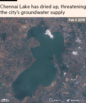 Satellite view of Chennai Lake as it dries up, from 5 Feb 2019 to 15 July 2019. Photo: Copernicus / FT