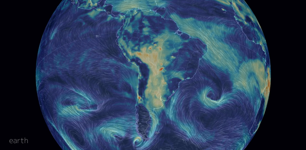 Satellite view of particulate matter (PM2.5) from wildfires in the Amazon rainforest, 26 August 2019. Graphic: Earth Wind Map  / earth.nullschool.net