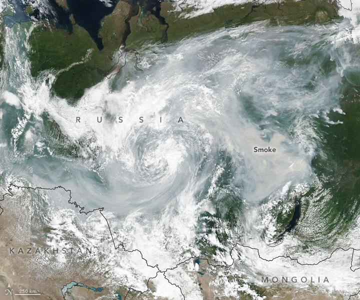Satellite view of wildfire smoke over Russia on 24 July 2019. The image was acquired by the Visible Infrared Imaging Radiometer Suite on the Suomi NPP satellite. The blanket of smoke created by multiple fires extends across more than 4.5 million square kilometers of central and northern Asia—acting like a thin cloud blocking sunlight. Data: VIIRS data from NASA EOSDIS/LANCE and GIBS/Worldview and the Suomi National Polar-orbiting Partnership; MODIS data from NASA EOSDIS/LANCE and GIBS/Worldview. Graphic: Lauren Dauphin / NASA Earth Observatory