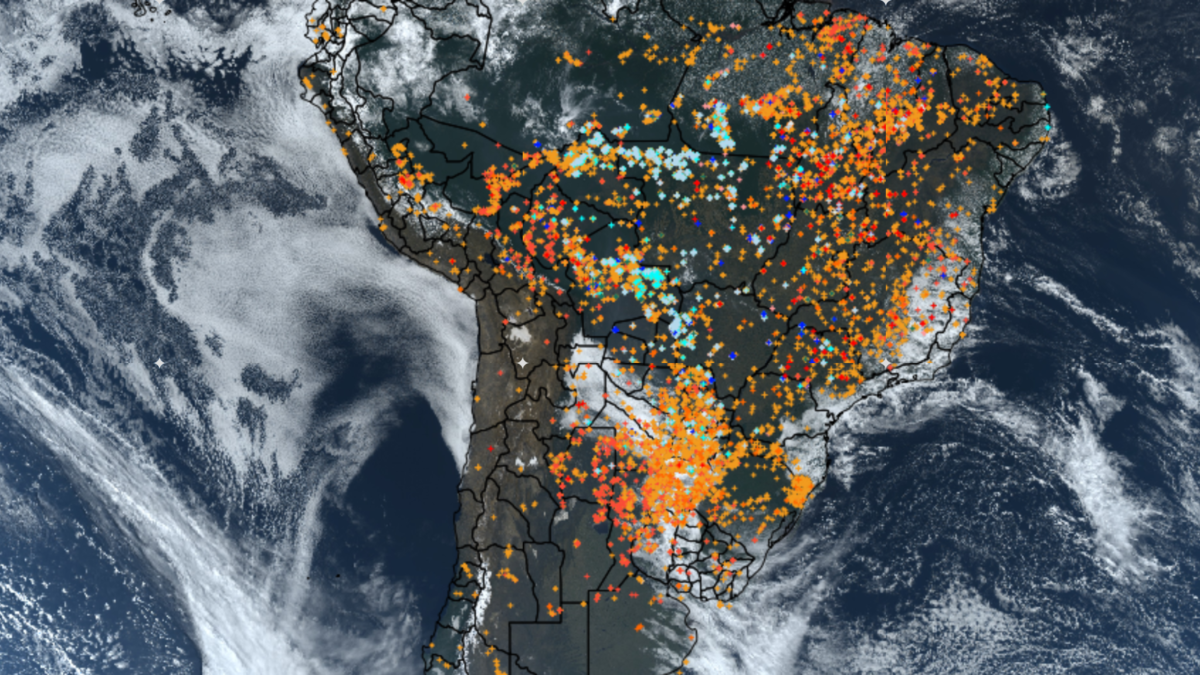 Satellite view of wildfires in South America on 21 August 2019. Wildfires raging in the Amazon rainforest hit a record number in 2019, with 72,843 fires detected in August by Brazil’s space research center INPE. Graphic: INPE