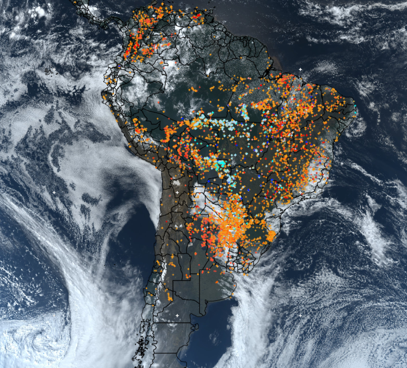 Satellite view of wildfires in South America on 21 August 2019. Wildfires raging in the Amazon rainforest hit a record number in 2019, with 72,843 fires detected in August by Brazil’s space research center INPE. Graphic: INPE