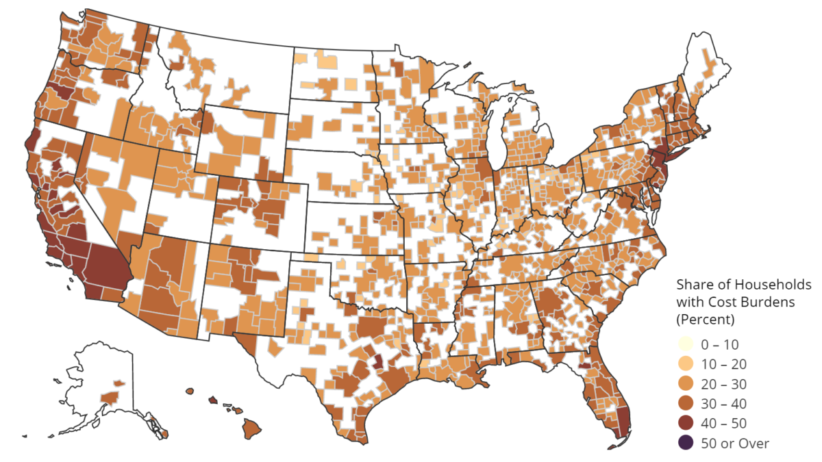 Share of U.S. households with cost burdens (percent) by county in 2017. Data: Source: Harvard Joint Center for Housing Studies tabulations of US Census Bureau, 2006–2017 American Community Survey 1-Year Estimates using the Missouri Data Center. Graphic: Joint Center for Housing Studies / Harvard University