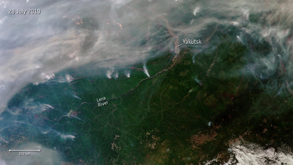 Satellite view of wildfires in Siberia, 28 July 2019. Hundreds of wildfires have broken out in Siberia, some of which can be seen in this image captured from space on 28 July 2019. Almost three million hectares of land are estimated to have been affected, according to Russia’s Federal Forestry Agency. This Copernicus Sentinel-3 image shows a number of fires, producing plumes of smoke. The smoke has carried air pollution into the Kemerovo, Tomsk, Novosibirsk, and Altai regions. Photo: ESA