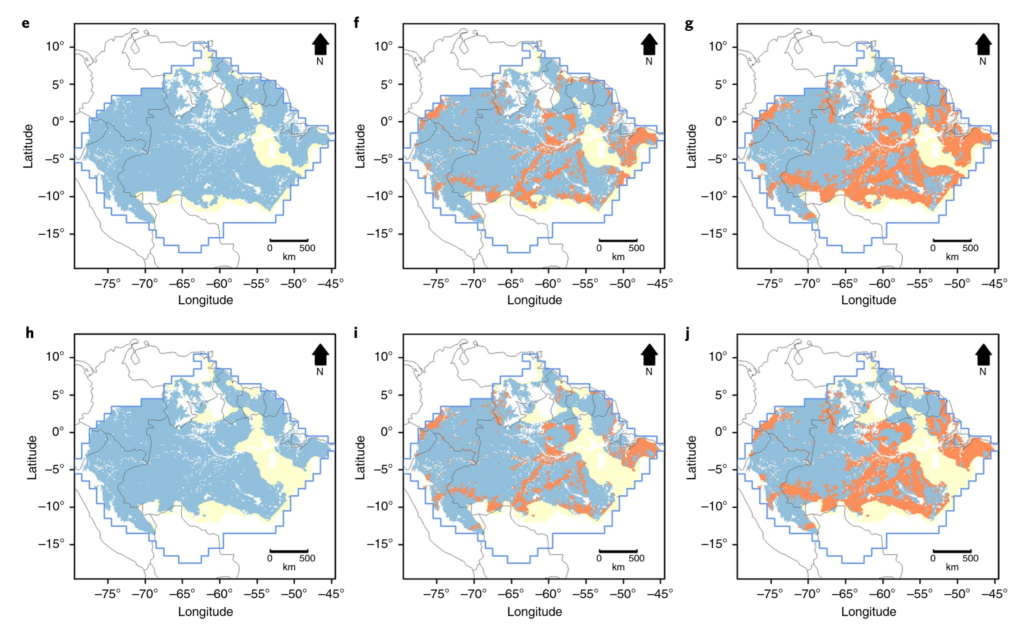 Species loss by climate change for E. coriacea (DC) SA mori. e–j, Loss of E. coriacea (DC) SA Mori, the most common species in Amazonia. (e) 2050 RCP 2.6 AOO. (f) 2050 RCP 2.6 AOO and 2050 IGS deforestation. (g) 2050 RCP 2.6 AOO and 2050 BAU deforestation. (h) 2050 RCP 8.5 AOO. (i) 2050 RCP 8.5 AOO and 2050 IGS deforestation. (j) 2050 RCP 8.5 AOO and 2050 BAU deforestation. Colour scale indicates decrease in AOO from blue (forested area) to red (loss in AOO). Graphic: Gomes, et al., 2019 / Nature Climate Change