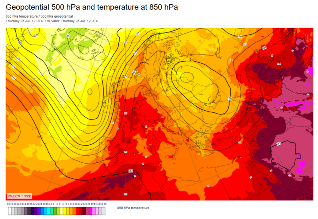 Temperature field over Europe on 25 July 2019 12 UTC at 850 hPa (colors) together with 500 hPa (isolines) as obtained from ECMWF analyses. Graphic: ECMWF