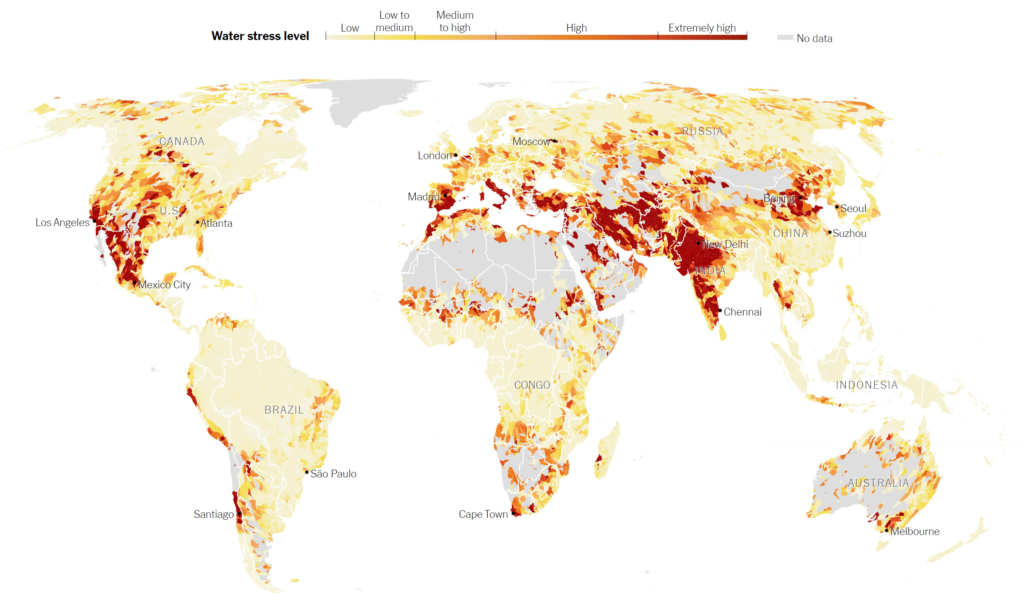 Map of world water stress in 2019. Data: World Resources Institute; United Nations. Graphic: The New York Times