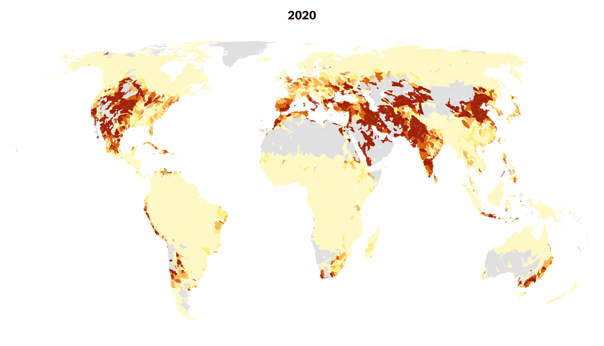Map of world water stress projected to 2020, 2030, and 2040. Data: World Resources Institute; United Nations. Graphic: The New York Times