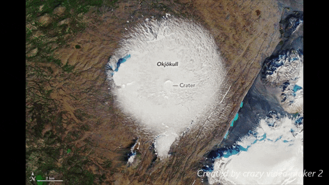Satellite views of the Okjökull glacier in Iceland in 1986 and 2019. Data: Landsat / U.S. Geological Survey. Photo: Joshua Stevens / NASA Earth Observatory