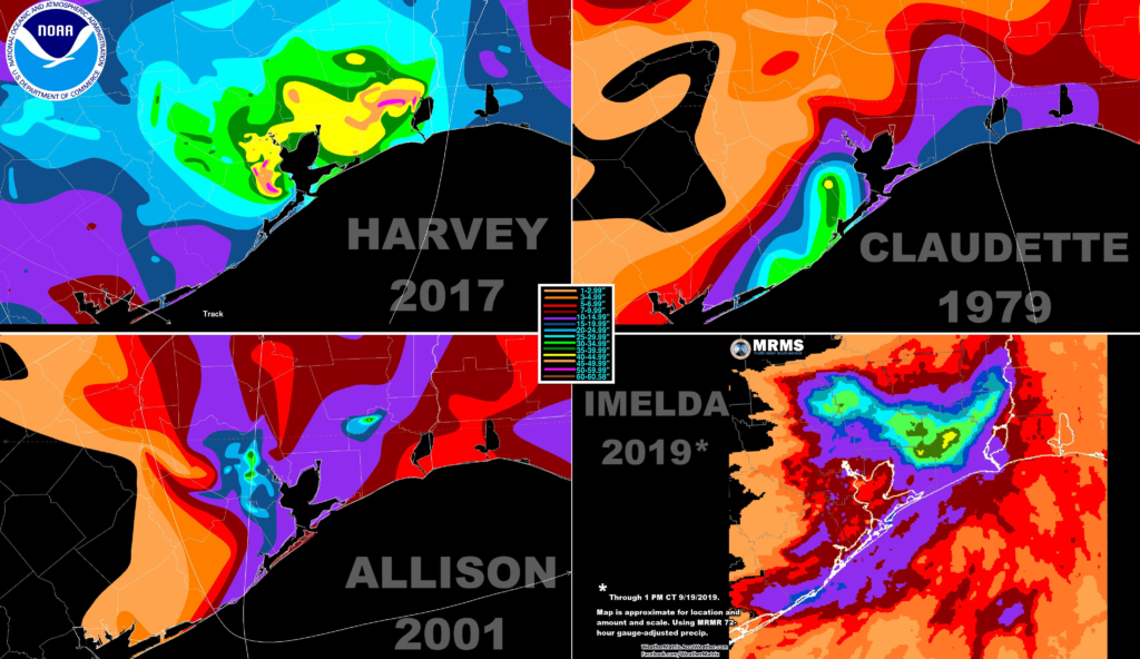 72-hour rainfall totals from Tropical Storm Imelda compared with Hurricane Claudette in 1979, Tropical Storm Allison in 2001, and Hurricane Harvey in 2017. Imelda covered an area as large as Claudette and bigger than Allison but fell short of Harvey. Graphic: Jesse Ferrell / WeatherMatrix