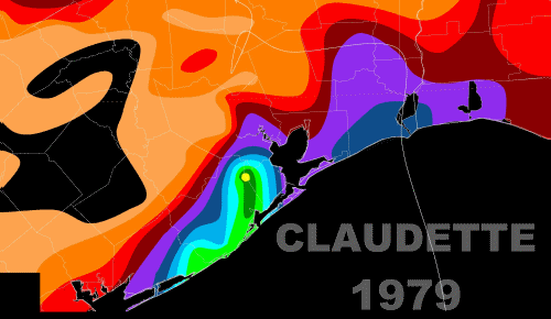72-hour rainfall totals from Tropical Storm Imelda compared with Hurricane Claudette in 1979, Tropical Storm Allison in 2001, and Hurricane Harvey in 2017. Imelda covered an area as large as Claudette and bigger than Allison but fell short of Harvey. Graphic: Jesse Ferrell / WeatherMatrix