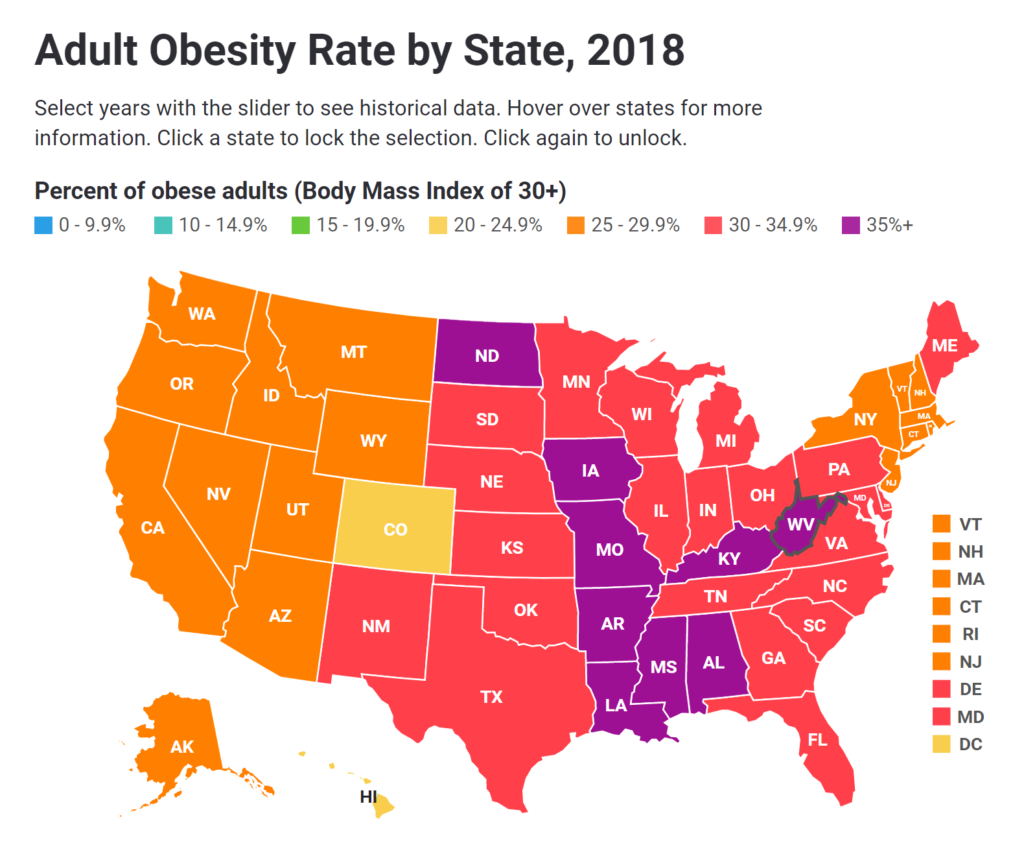 Adult obesity rates in the U.S. by state in 2018. Graphic: Trust for Americas Health