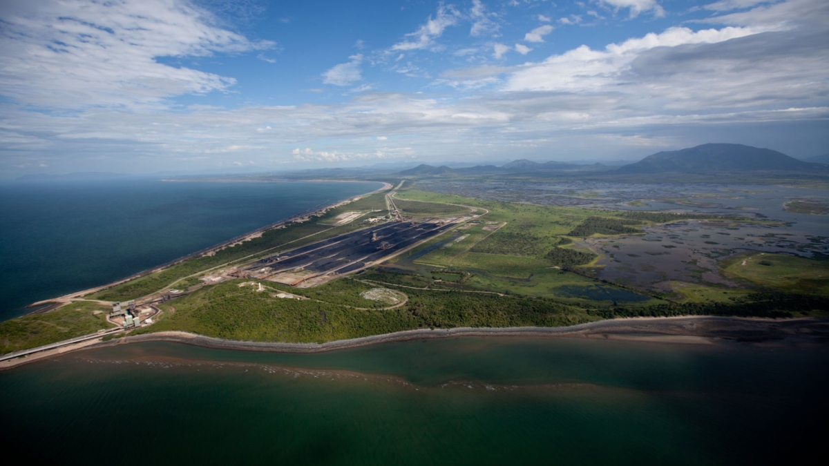 Aerial view of the Abbot Point coal port run by Adani Group. A report on 29 August 2019 by IEEFA Australia has found the Adani Carmichael coal project is “unviable” without $4.4 billion in taxpayer-funded subsidies. Photo: Greenpeace