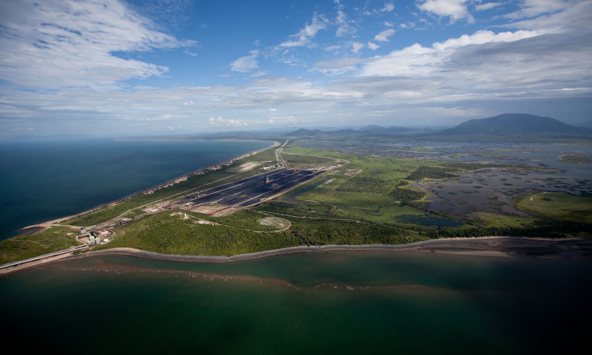 Aerial view of the Abbot Point coal port run by Adani Group. A report on 29 August 2019 by IEEFA Australia has found the Adani Carmichael coal project is “unviable” without $4.4 billion in taxpayer-funded subsidies. Photo: Greenpeace
