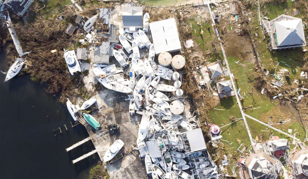 An aerial view of view of damaged boats devastated at the Elbow Key Island on 7 September 2019 in Bahamas. The official death toll has risen to at least 43 and according to officials is likely to increase even more. Photo: Jose Jimenez / Getty Images