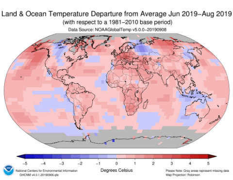 August 2019 Blended Land and Sea Surface Temperature Anomalies in degrees Celsius. Graphic: NOAA