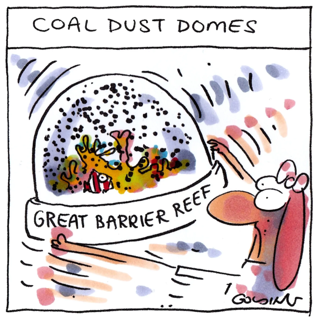 “Coal dust domes”, political art by Matt Golding, showing coal dust raining down on the Great Barrier Reef. Graphic: Matt Golding / The Sydney Morning Herald
