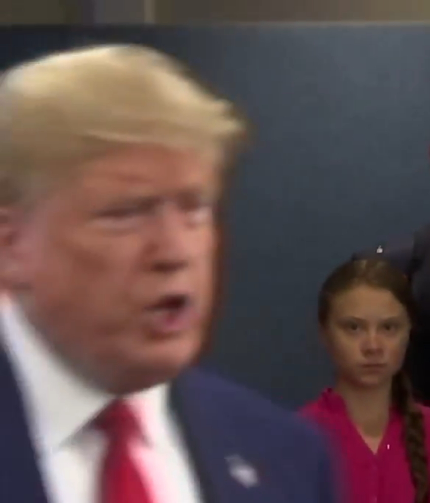 Climate activist Greta Thunberg glares at Donald Trump arriving at the United Nations on 23 September 2019, after she scolded international politicians over inaction on global warming at Climate Action Summit 2019. Photo: The Independent