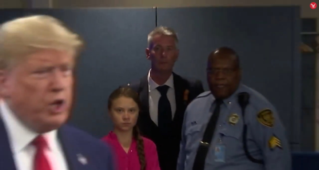 Climate activist Greta Thunberg glares at Donald Trump arriving at the United Nations on 23 September 2019, after she scolded international politicians over inaction on global warming at Climate Action Summit 2019. Photo: The Independent