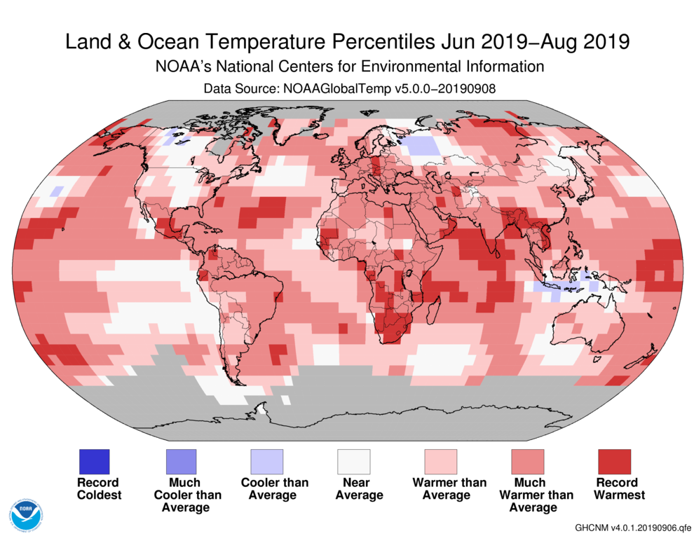 June–August 2019 Blended Land and Sea Surface Temperature Percentiles. Graphic: NOAA