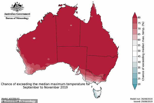 Map of Australia, showing the forecast chance of exceeding the median maximum temperature for September to November 2019. The fire season in Australia in 2019 has been brought forward to August - well before the traditional start date in October - and an above average fire potential has been forecast for the entire country (weather expectations from September to November 2019 pictured). Graphic: Bureau of Meteorology