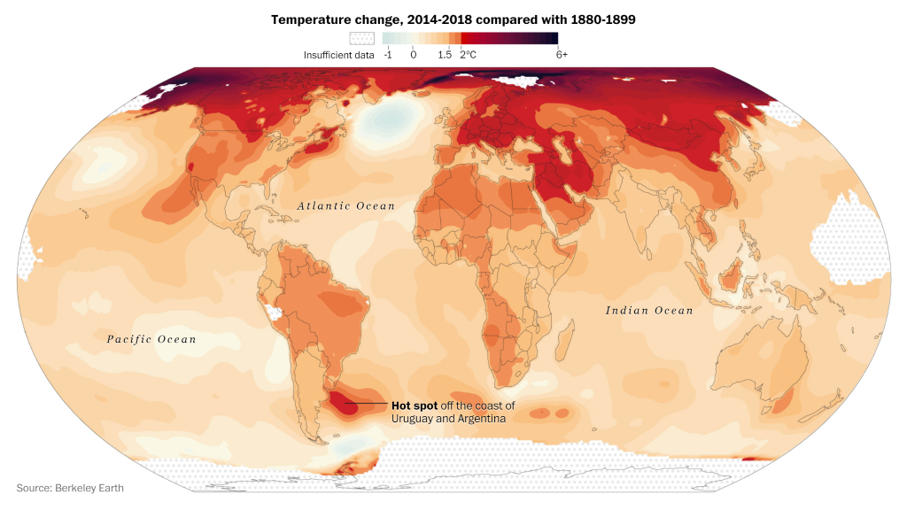 Map showing 2014-2018 global temperature change, compared with 1880-1899 temperatures. Data: Berkeley Earth. Graphic: The Washington Post