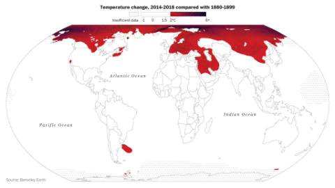 Map showing 2014-2018 global temperature change, compared with 1880-1899 temperatures. Data: Berkeley Earth. Graphic: The Washington Post