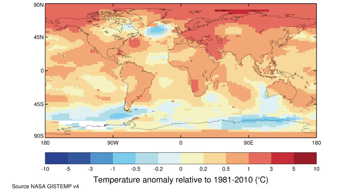 Map showing 2015–2019 five-year average temperature anomalies relative to the 1981-2010 average. Data: NASA GISTEMP v4. through June 2019. Graphic: WMO