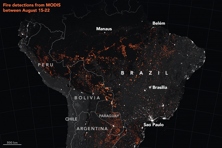 Map showing active fire detections in the Amazon rainforest in Brazil as observed by Terra and Aqua MODIS satellites between 15 August 2019 and 22 August 2019. Photo: Joshua Stevens / NASA Earth Observatory