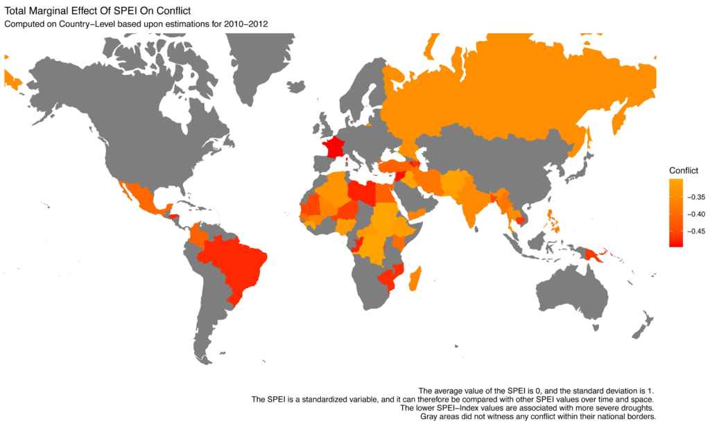 Total marginal effect of Standardised Precipitation-Evapotranspiration Index (SPEI) on conflict for the 2010–2012 period. Graphic: Abel, et al., 2019 / Global Environmental Change