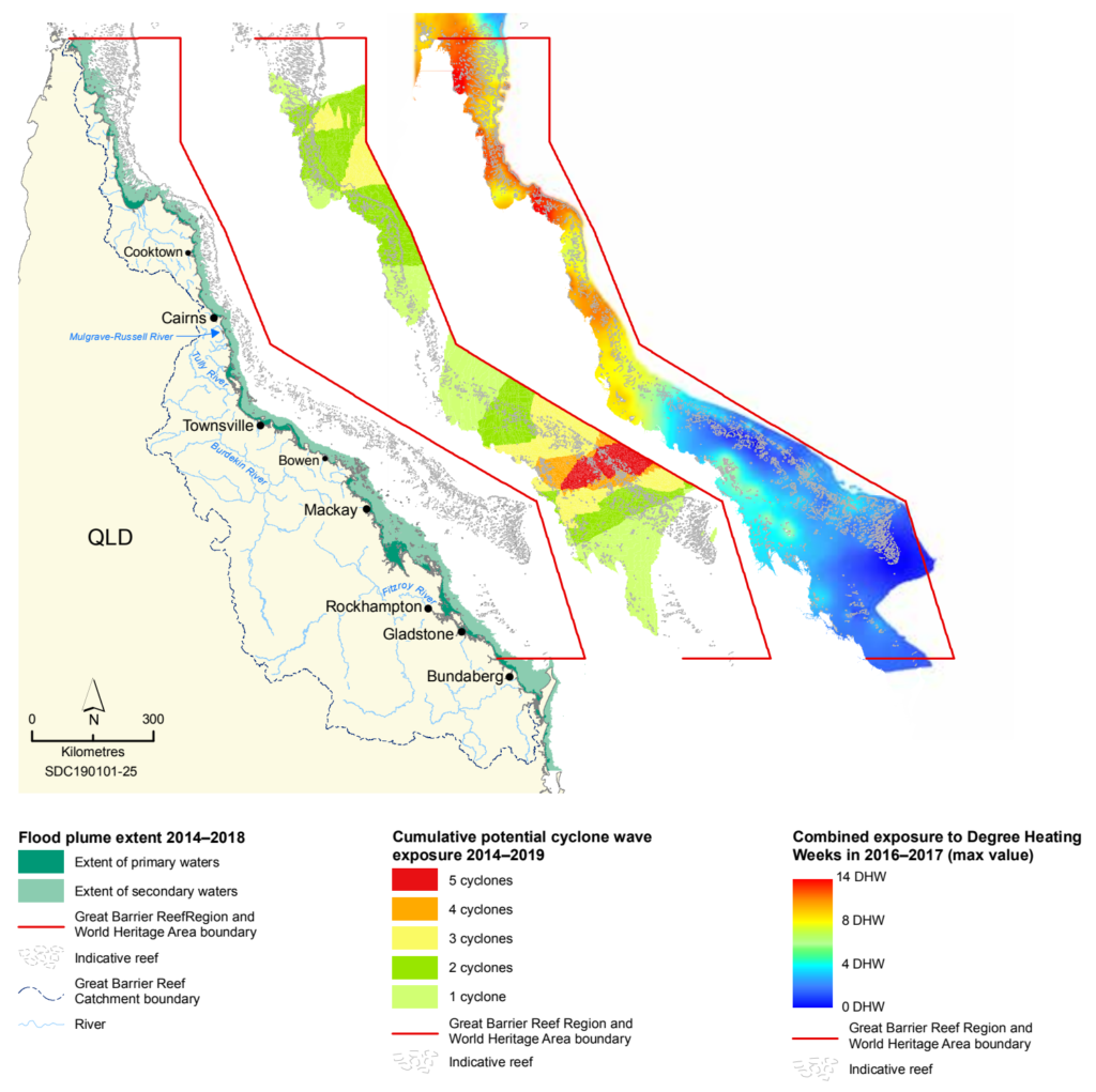 Multiple disturbances have impacted the Great Barrier Reef since 2014. The Reef has been exposed to multiple, severe disturbances that have reduced resilience. Left map: Primary and secondary flood plumes have exposed most inshore reefs and some mid-shelf reefs to land-based runoff and freshwater between 2014 and 2018. Data: Adapted from Gruber, et al., 2019. Middle map: An estimated 68 per cent of the reef area within the Region was exposed to destructive waves (significant wave height of four metres) from one or more tropical cyclones between 2014 and 2019. Data: Adapted and updated from Poutinen, et al., 2016. Right map: Accumulated heat stress, represented as Degree Heating Weeks (DHW) due to global warming induced mass coral bleaching in the northern two-thirds of the Region in the summers of 2016 and 2017. Cumulative heat exposure is represented on the map by plotting the maximum DHW value that occurred in either 2016 or 2017 quantified at 5 kilometre resolution, using the NOAA Coral Reef Watch version 3 DHW metric. Data: Adapted from Hughes, et al., 2019 and Lui, et al., 2017. Graphic: Great Barrier Reef Marine Park Authority