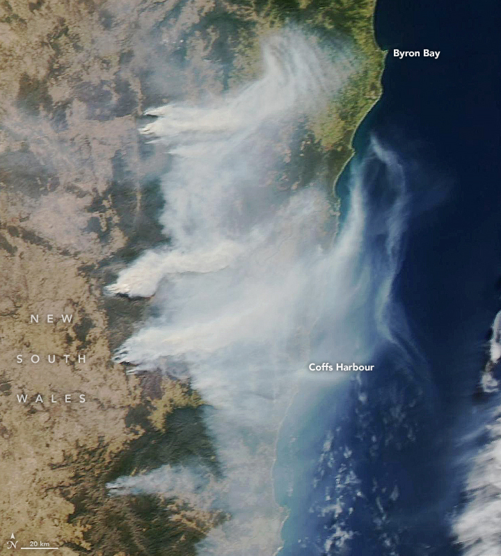 On 12 September 2019, the Moderate Resolution Imaging Spectroradiometer (MODIS) on NASA’s Aqua satellite acquired the natural-color image of fires in the northeastern reaches of New South Wales. Strong westerly winds fanned the flames and carried smoke more than 100 kilometers (60 miles). Photo: Lauren Dauphin and Joshua Stevens / NASA Earth Observatory