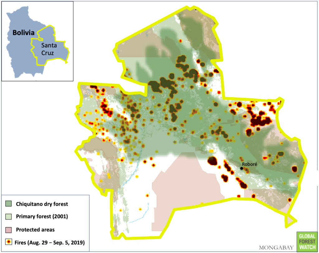 Satellite data show fire activity is still heavy around Roboré, Bolivia but is intensifying in the northern and western portions of the Santa Cruz region. Data: NASA FIRMS / “VIIRS Active Fires”. Accessed through Global Forest Watch on 6 August 2019. Graphic: Mongabay