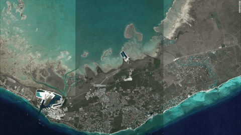 Grand Bahama island before and after Hurricane Dorian made landfall on 2 September 2019. In the after photo, the yellow lines mark where the land was before the storm flooded the area. Photo: Google Earth / ICEYE / CNN