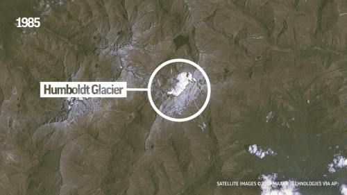 Satellite view of Humboldt glacier Venezuela in 1985, 2008, and 2019. Photo: Maxar Technologies