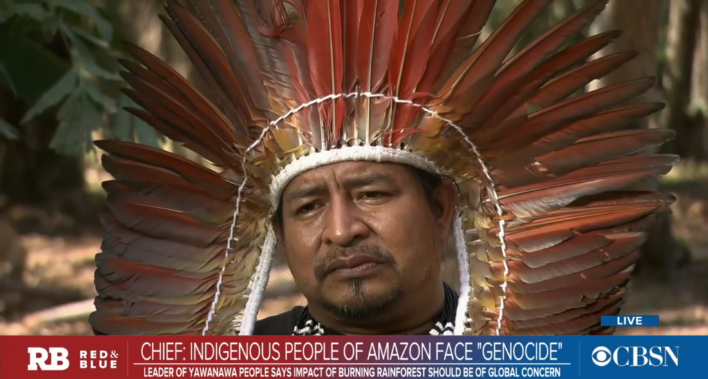 Screenshot of an interview on 27 August 2019 with the Tashka Yawanawa, chief of the indigenous Yawanawa people, about the threats they are facing in the Brazilian Amazon. Photo: CBS News