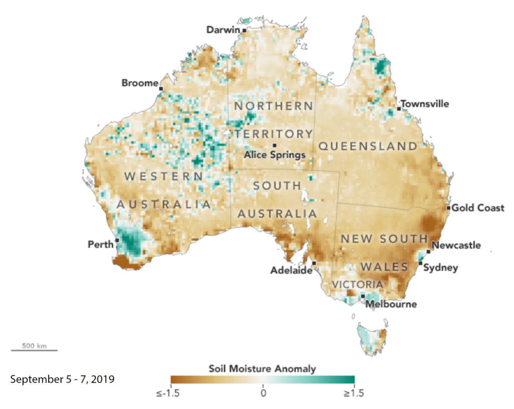 Map showing soil moisture anomaly in Australia, 5-7 September 2019. The measurements are derived from data collected by the Soil Moisture Active Passive (SMAP) mission, a NASA satellite dedicated to measuring the water content of soils. SMAP’s radiometer can detect water in the top 5 centimeters (2 inches) of the ground. Graphic: NASA