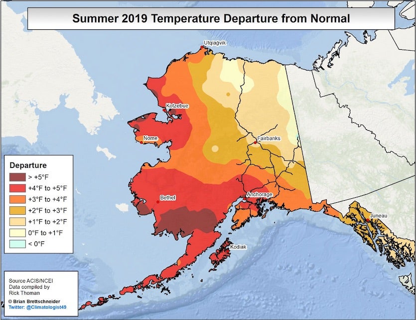 Temperature departures for Alaska during the climatological summer (June-August) 2019. Virtually all of the locations in the two darkest red zones in the map above (departures of +4°F or more) experienced their warmest summer on record. Data: NCEI. Graphic: Brian Brettschneider