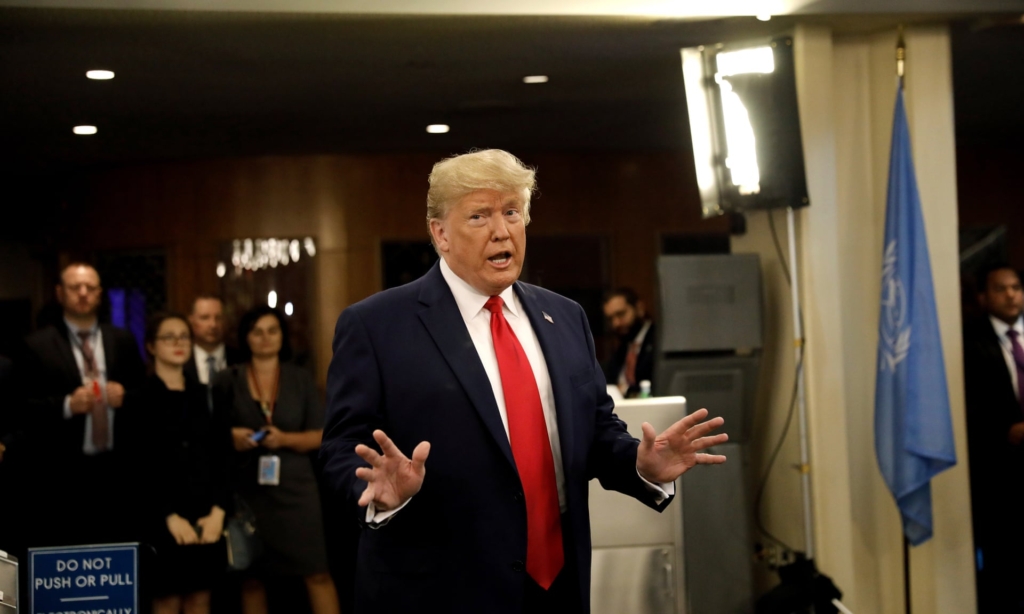 Trump at his religious freedom meeting on Monday, 23 September 2019. His introduction drew a standing ovation from the crowd. No mention was made of the plight of Uighur Muslims in China, where more than a million Uighur Muslims are held in internment camps. Photo: Peter Foley / EPA