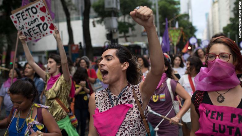 Women wear pink masks protesting violence against women in Rio de Janeiro, Brazil, on 28 November 2017. Photo: CNN