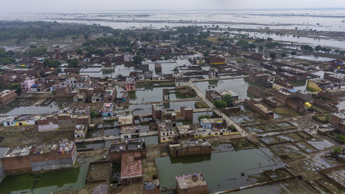 Aerial view of houses inundated by monsoon floodwaters in Prayagraj, in the northern Indian state of Uttar Pradesh, on 28 September 2019. Photo: Rajesh Kumar Singh