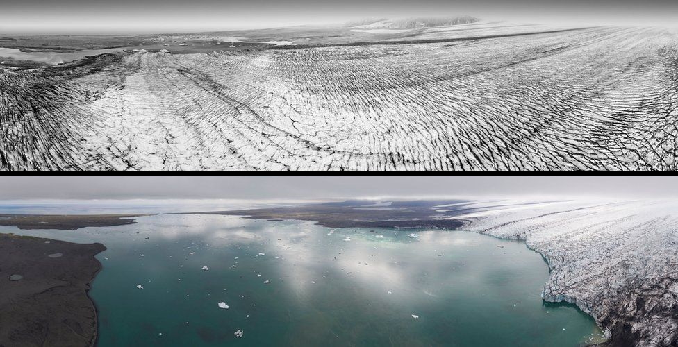 Aerial views of the Breiðamerkurjökull glacier in Iceland taken in 1989 (top) and 2019 (bottom) show how much ice has been lost over this 30-year period. Photo: National Land Survey of Iceland / Kieran Baxter