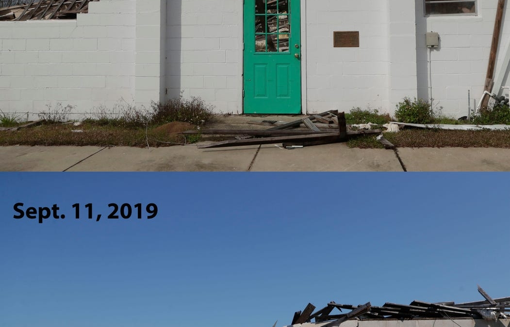 The community center in Altha, Florida after Hurricane Michael, shown on 12 February 2019 (top) and 11 September 2019 (bottom). Photo: Tallahassee Democrat