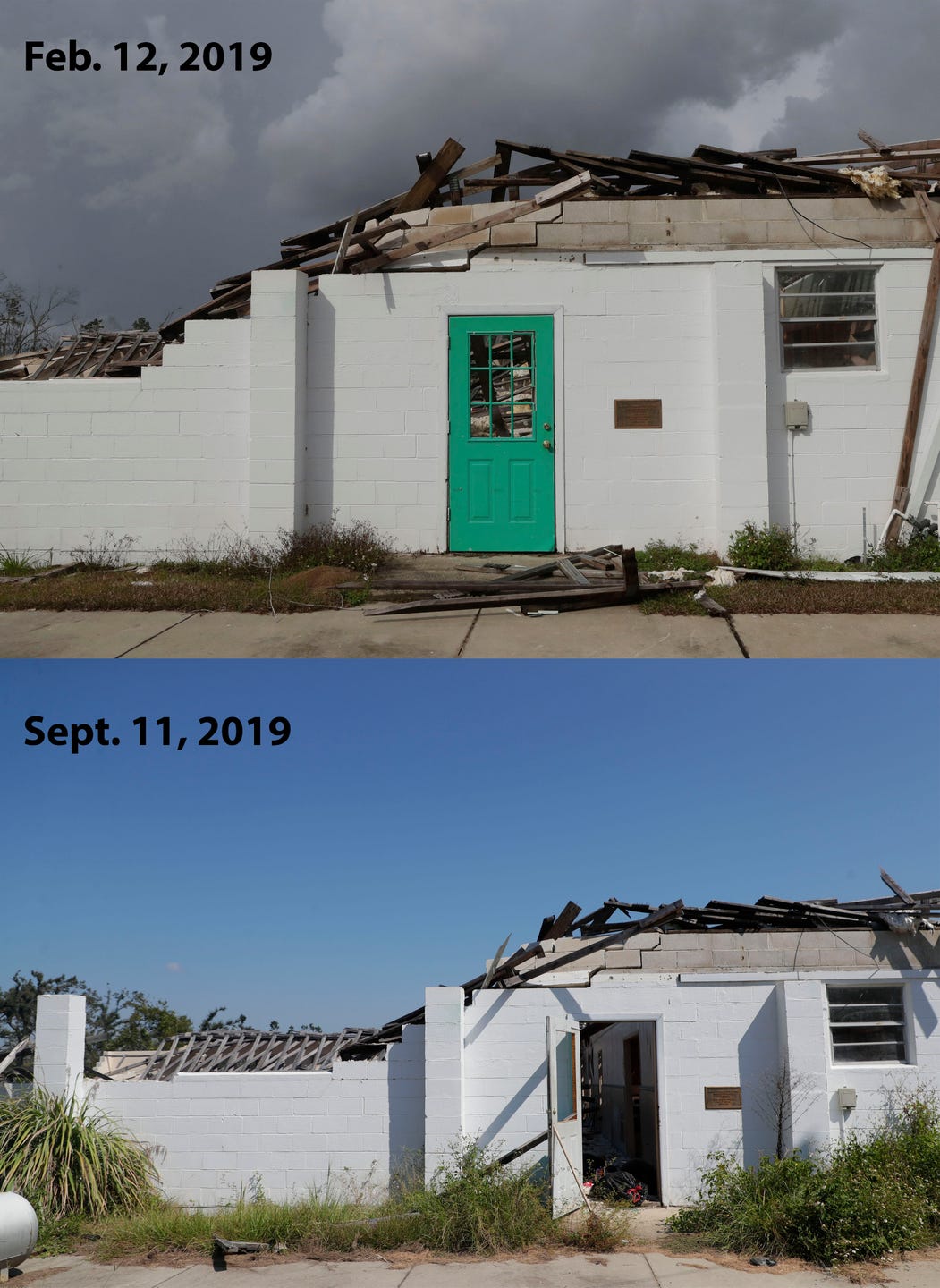 The community center in Altha, Florida after Hurricane Michael, shown on 12 February 2019 (top) and 11 September 2019 (bottom). Photo: Tallahassee Democrat