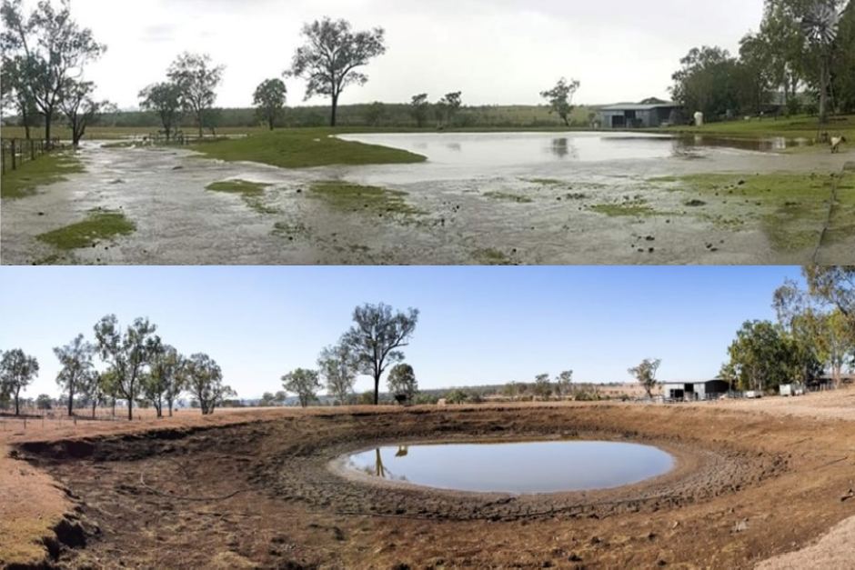 This dam at a Coleyville farm in Queensland’s Scenic Rim had an overflowing dam in 2017 (top) compared to the dry scene in 2019 (bottom). Photo: Amanda Bolton