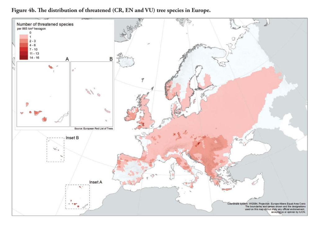 The distribution of threatened tree species, Critically Endangered, Endangered, or Vulnerable (CR, EN, and VU), in Europe. Data: European Red List of trees 2019. Graphic: IUCN