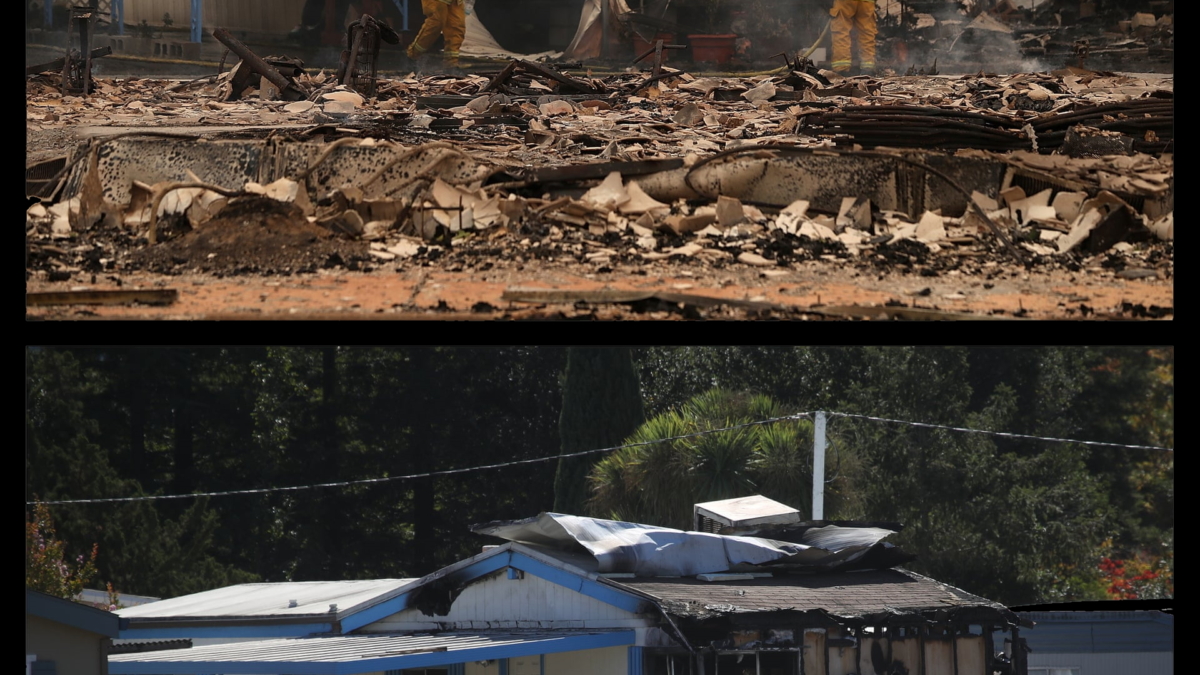 Top: firefighters spray water on fire-damaged mobile home at the Journey’s End Mobile Home Park in Santa Rosa, California, 9 October 2017. Bottom: the same mobile home, a year later. “We really didn’t have two years,” said Lisa Frazee, who lost her Santa Rosa home in the Tubbs fire. “We had to get our infrastructure back – the bridges, the roads – before we could even start personally thinking of rebuilding. The cities and counties were inundated with that first. Then we had to get builders and there aren’t enough builders. There aren’t enough laborers.” Photo: Justin Sullivan / Getty Images